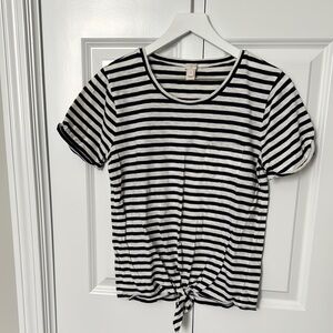 J. Crew White and Navy Blue Tie Front Short Sleeve T-Shirt